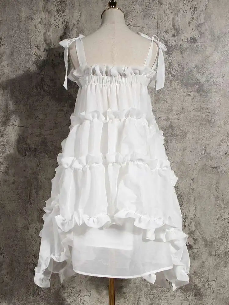 Women  Irregular Ruffles Spaghetti Strap Dress New Round Neck Long Sleeve Loose Fit Fashion Tide Spring Autumn 2025 1W571