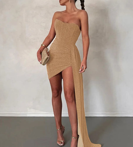 Elegant Strapless Lace-up Mini Dress For Women Robe 2023 New Off-shoulder Sleeveless Ruched Party Short Dress Vestido