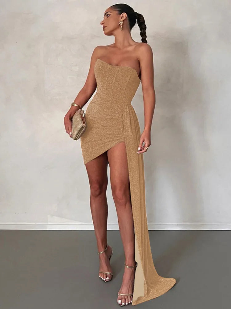 Elegant Strapless Lace-up Mini Dress For Women Robe 2023 New Off-shoulder Sleeveless Ruched Party Short Dress Vestido