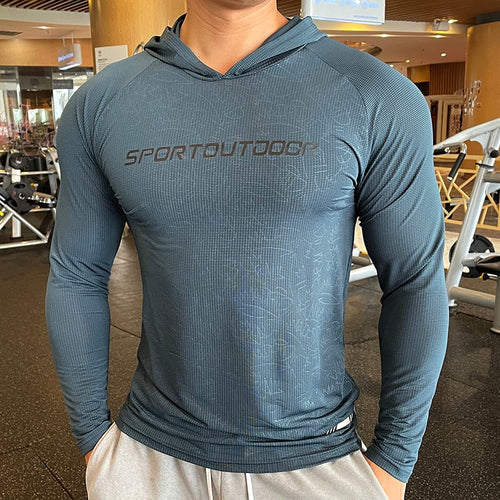 Load image into Gallery viewer, Gym Men T Shirt Casual Long Sleeve Slim Tops Tees Elastic T-shirt Sports Fitness Thin Comfort Breathable Quick Dry Hooded
