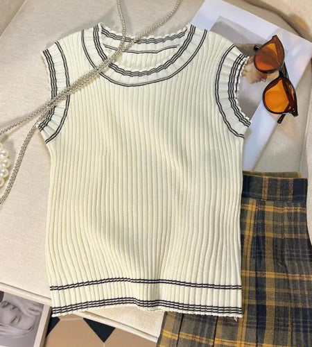 White Patchwork Sleeveless Knitted Short Vest Tops Black Sexy Basic 2024 Summer Casual Vintage Tank Top Women Clothing Vestidos