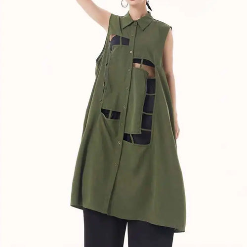 Load image into Gallery viewer, Women Army Green Hollow Out Big Size Midi Casual Dress New Lapel Sleeveless Fashion Tide Spring Summer 2025 1DH9512
