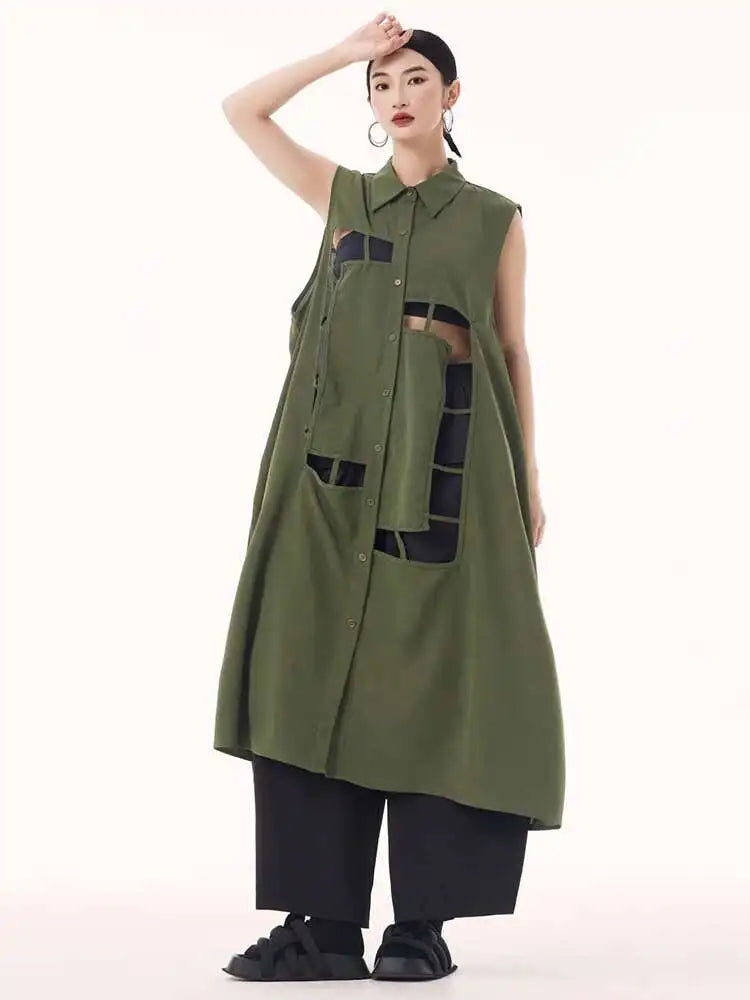 Women Army Green Hollow Out Big Size Midi Casual Dress New Lapel Sleeveless Fashion Tide Spring Summer 2025 1DH9512