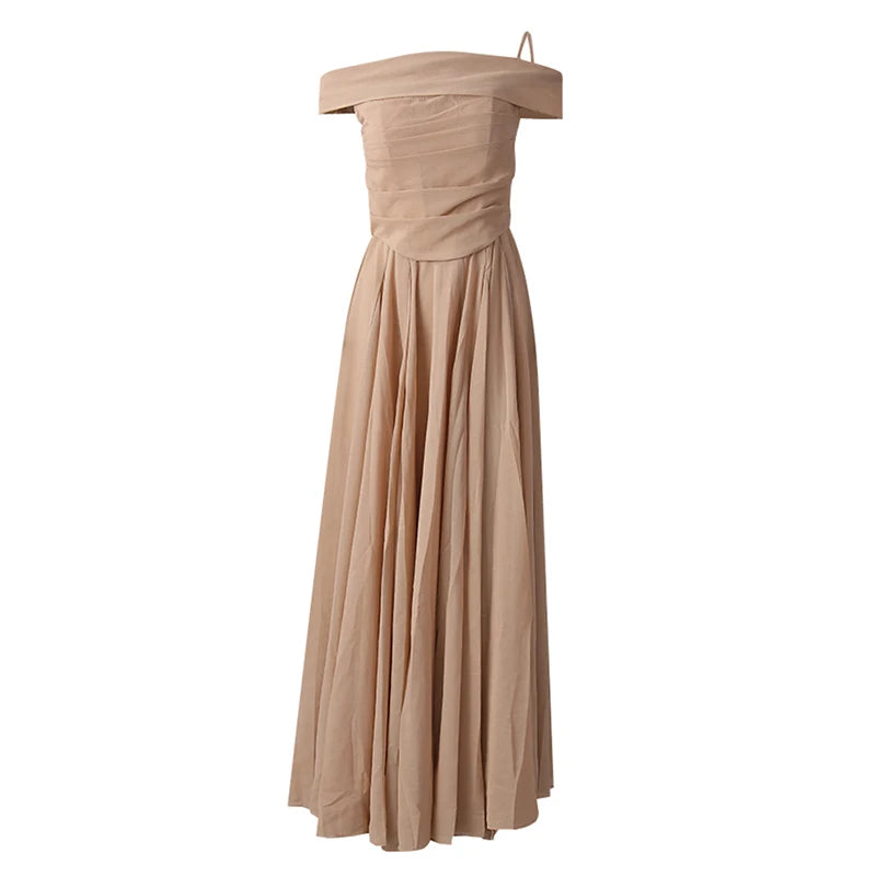 Women Khaki Pleated Slim Elegant Long Party Dress New Slash Neck Sleeveless Fashion Tide Spring Autumn 2025 CPG2992