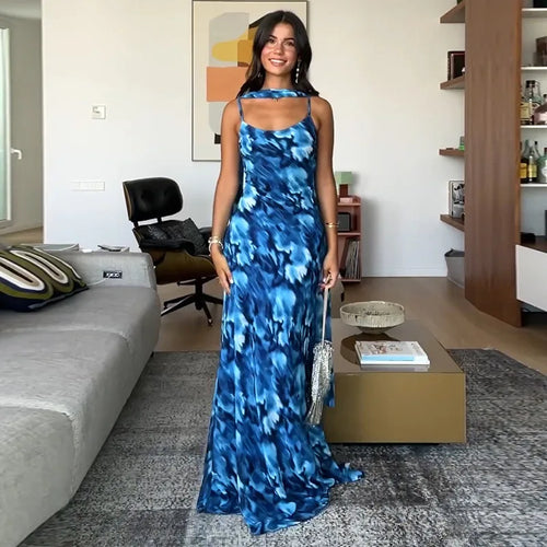 Load image into Gallery viewer, Halter Backless Print Sexy Maxi Dress For Women Gown Elegant Blue Printed Lace-up Sleeveless Evening Long Dress

