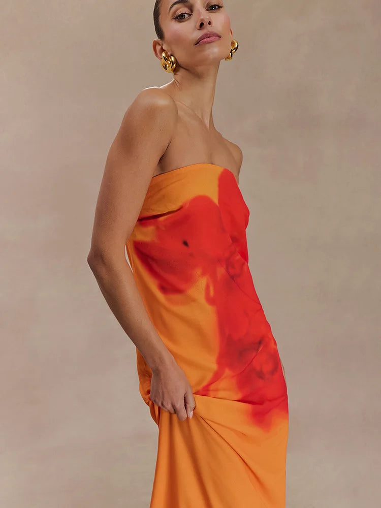 Floral Print Strapless Sexy Maxi Dress For Women Gown Off-shoulder Backless Sleeveless Elegant Long Dress Fashion