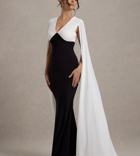 Cape Sleeve V Neck Sexy Maxi Dress For Women White Black Patchwork Backless Bodycon Evening Sexy Long Dress Elegant