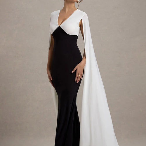 Load image into Gallery viewer, Cape Sleeve V Neck Sexy Maxi Dress For Women White Black Patchwork Backless Bodycon Evening Sexy Long Dress Elegant
