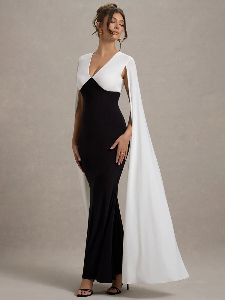 Cape Sleeve V Neck Sexy Maxi Dress For Women White Black Patchwork Backless Bodycon Evening Sexy Long Dress Elegant