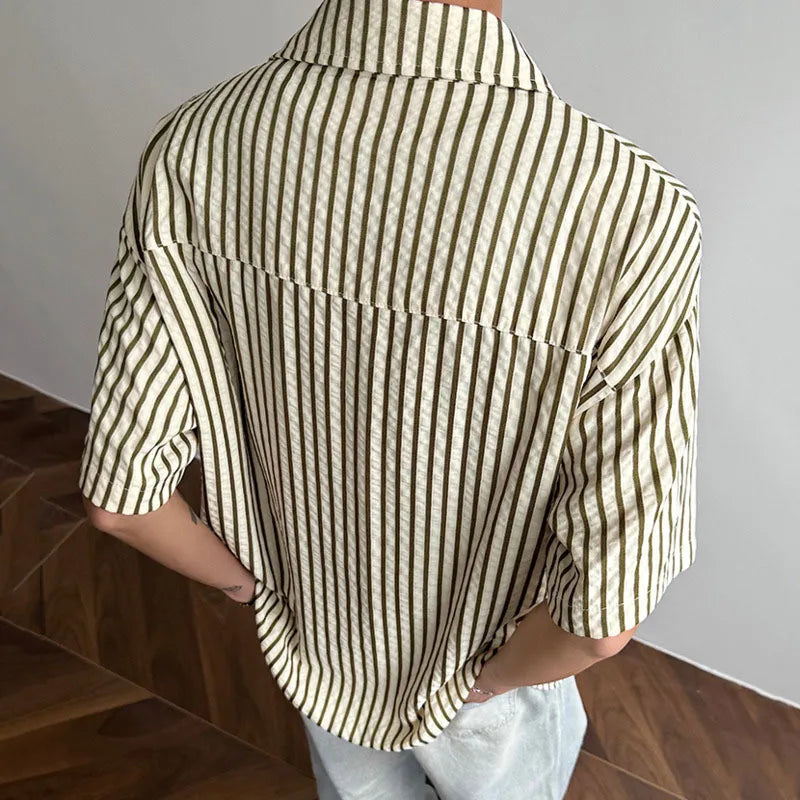 Summer Male Shirts Short Sleeve New Contrast Color Stripes Trendy Men's Loose Turn-down Collar Pullover Men Top 9W1563
