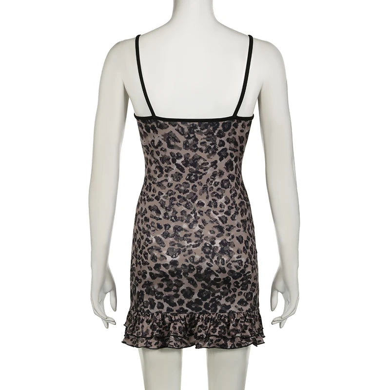 Strap Vintage Y2K Leopard Sexy Dress Women Lace Trim Ruffles Chic Summer Party Dresses Mini 2000s Aesthetic Sundress