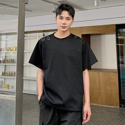 Load image into Gallery viewer, Summer Men&#39;s Loose Short Sleeve T-shirt Small Metal Half Ring Design Casual Simple Round Collar Male Top 9C5513
