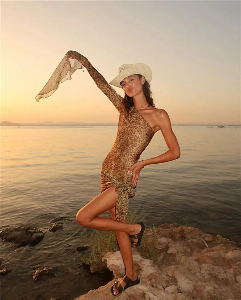 One Shoulder Leopard Print Maxi Dress Women Inclined Shoulder Backless Beach Holiday Vacation Club Sexy Long Dress