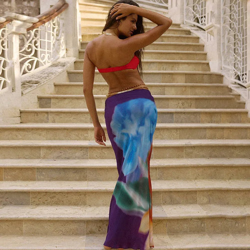 Load image into Gallery viewer, Elegant Beach Sexy Skirt Two Piece Sets Women Strapless Tops And Maxi Skirt Female Print Vacation Club 2 Piece Set
