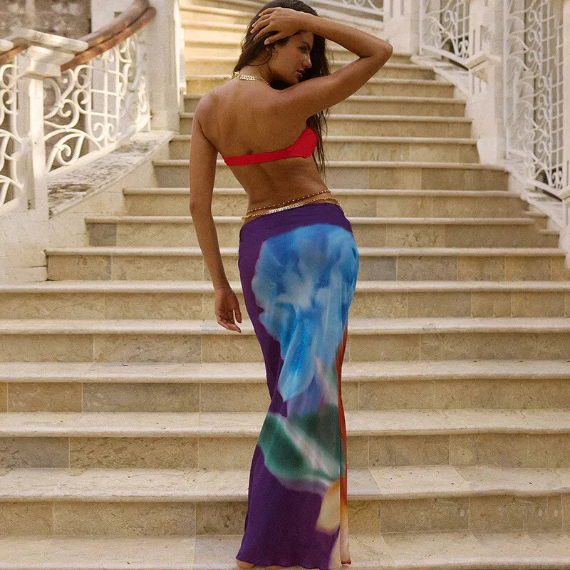 Elegant Beach Sexy Skirt Two Piece Sets Women Strapless Tops And Maxi Skirt Female Print Vacation Club 2 Piece Set