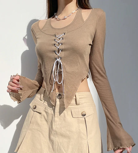 Vintage Y2K Flare Sleeve Female T-shirt Spring Autumn Halter Neck Lace Up Crop Tops Slim Irregular Hem Shirt Clothes