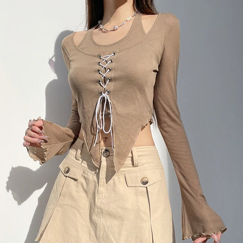 Load image into Gallery viewer, Vintage Y2K Flare Sleeve Female T-shirt Spring Autumn Halter Neck Lace Up Crop Tops Slim Irregular Hem Shirt Clothes
