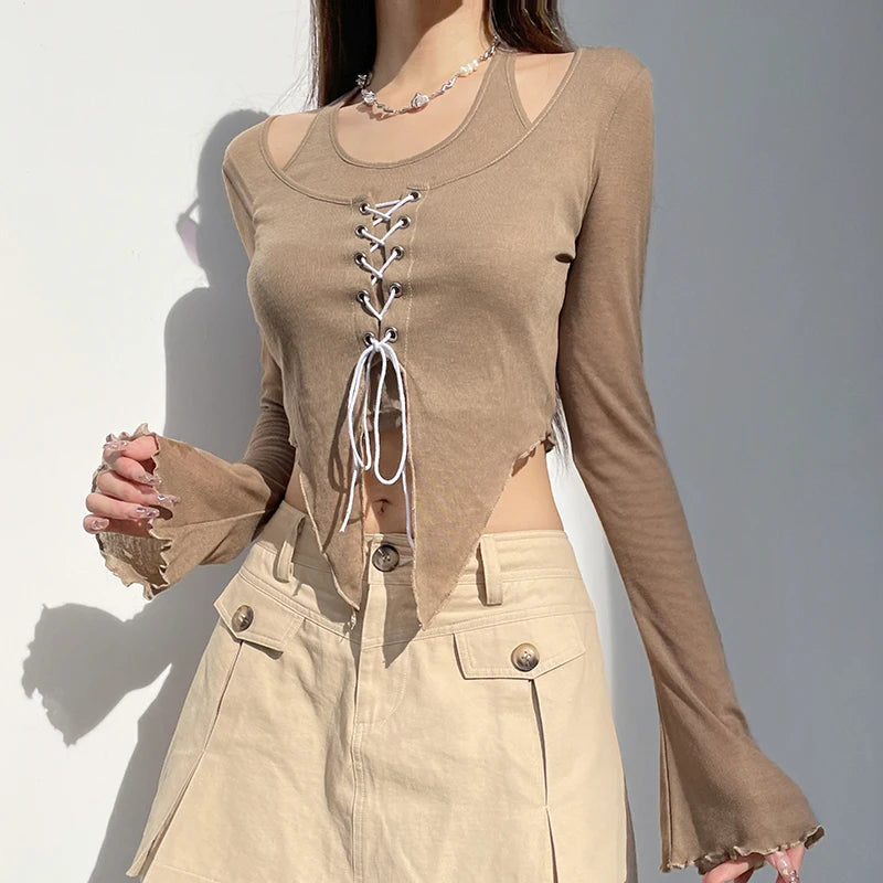 Vintage Y2K Flare Sleeve Female T-shirt Spring Autumn Halter Neck Lace Up Crop Tops Slim Irregular Hem Shirt Clothes