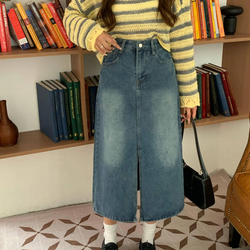Load image into Gallery viewer, Autumn Winter Retro Black Office Lady Denim Split Skirt 2024 New Blue High Waist Elegant Wrap Hip Long Jean Skirts Women Fashion

