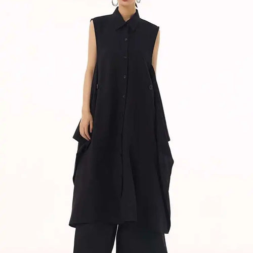 Load image into Gallery viewer, Women Khaki Irregular Spliced Big Size Midi Shirt Dress New Lapel Sleeveless Fashion Tide Spring Summer 2025 1DH9434
