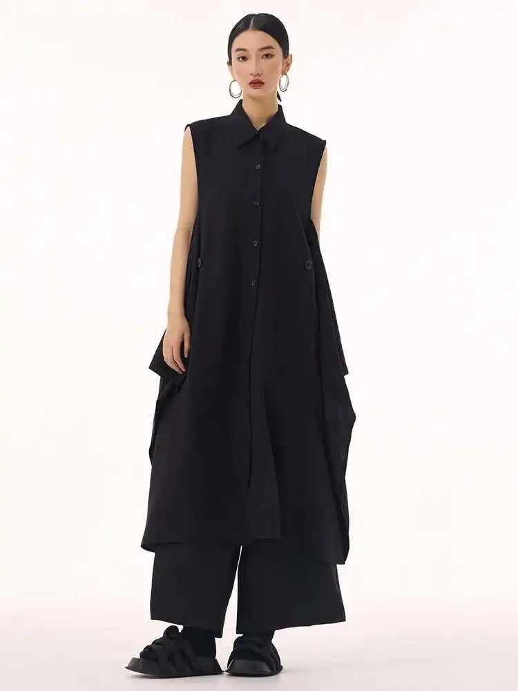 Women Khaki Irregular Spliced Big Size Midi Shirt Dress New Lapel Sleeveless Fashion Tide Spring Summer 2025 1DH9434