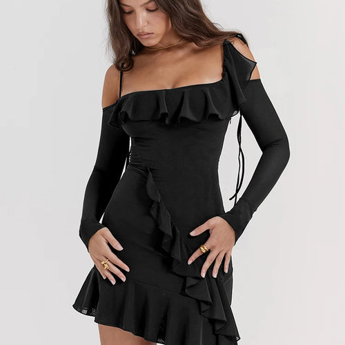 Load image into Gallery viewer, Sexy Strap One Line Neck Double Layer Long Sleeve Dress Women's Slim Fit Ruffles Irregular Mini Dress Sweet Party Club
