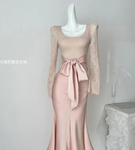 Autumn Vintage Fashion Pink Patchwork Lace Square Neck Elegant Bandage Fishtail Dress Women Long Sleeves Festival Party Dressees