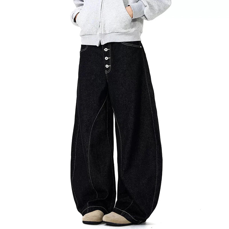 Fashion Male Jeans American Denim Curved Knife Pants  Loose Straight Leg Design Casual Wide Leg Trousers Summer 9W1472