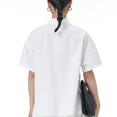 Load image into Gallery viewer, Women White Patch Spliced Big Size Casual Blouse New Lapel Short Sleeve Shirt Fashion Tide Spring Summer 2025 1DJ1495
