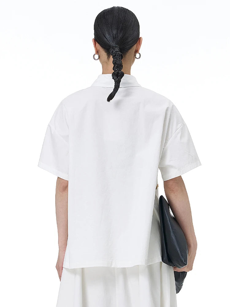 Women White Patch Spliced Big Size Casual Blouse New Lapel Short Sleeve Shirt Fashion Tide Spring Summer 2025 1DJ1495