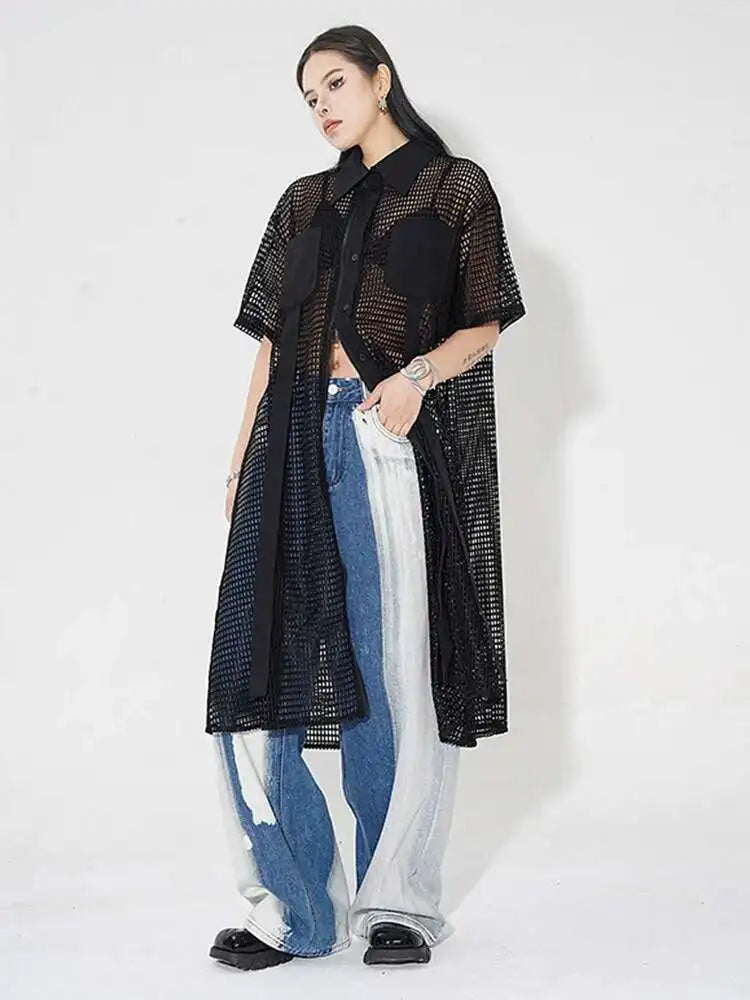 Women Black Mesh Perspective Midi Big Size Shirt Dress New Lapel Short Sleeve Fashion Tide Spring Summer 2025 1DH4934