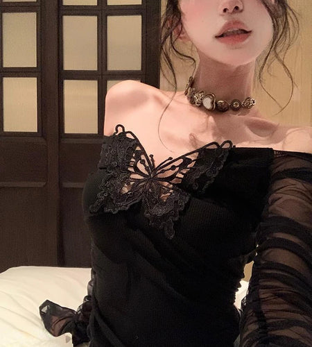 Y2k Aesthetic Patchwor Butterfly Women T-Shirt Vintage Harajuku Slim Fit Tshirts Knitted Long Sleeve Grunge Streetwear Crop Top