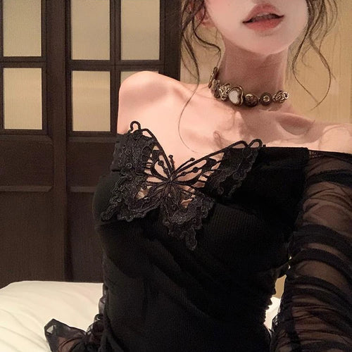 Load image into Gallery viewer, Y2k Aesthetic Patchwor Butterfly Women T-Shirt Vintage Harajuku Slim Fit Tshirts Knitted Long Sleeve Grunge Streetwear Crop Top
