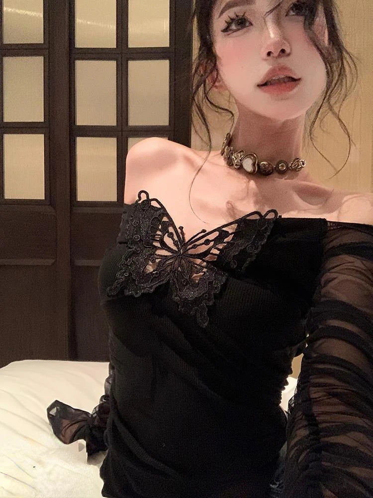 Y2k Aesthetic Patchwor Butterfly Women T-Shirt Vintage Harajuku Slim Fit Tshirts Knitted Long Sleeve Grunge Streetwear Crop Top