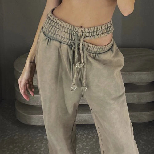 Load image into Gallery viewer, Vintage Solid Hollow Out Pants For Women High Waist Patchwork Drawstring Straight Loose Y2k Trousers Female Summer
