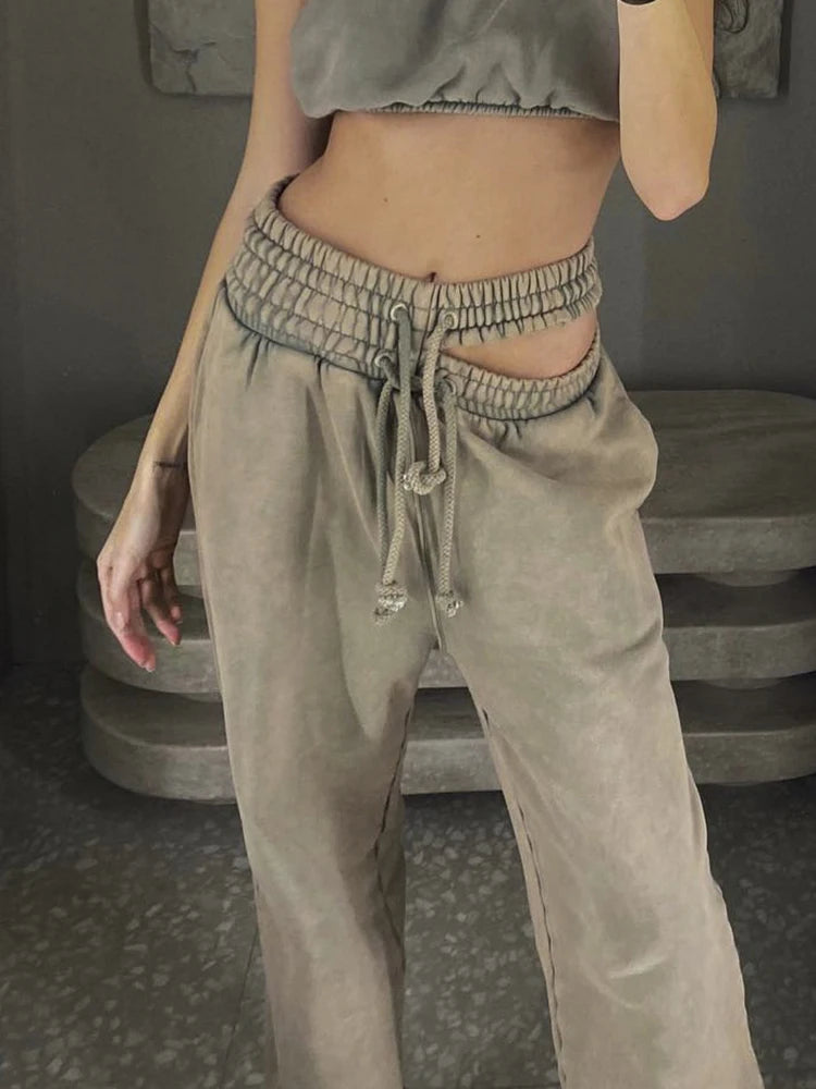 Vintage Solid Hollow Out Pants For Women High Waist Patchwork Drawstring Straight Loose Y2k Trousers Female Summer