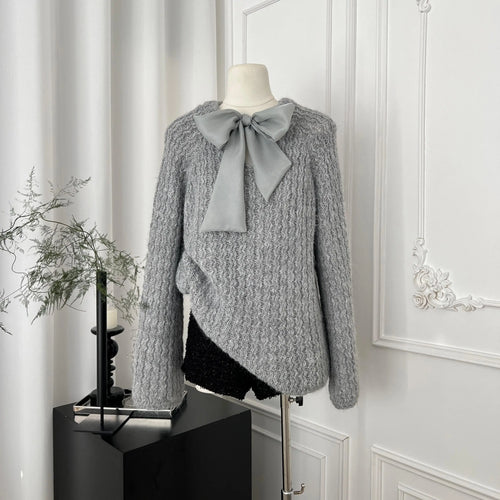 Load image into Gallery viewer, Korean Fashion Beige Elegant Long Sleeve Sweater Women Autumn Winter Grey Elegant Round Neck Bow Bandage Knitted Tops Popular
