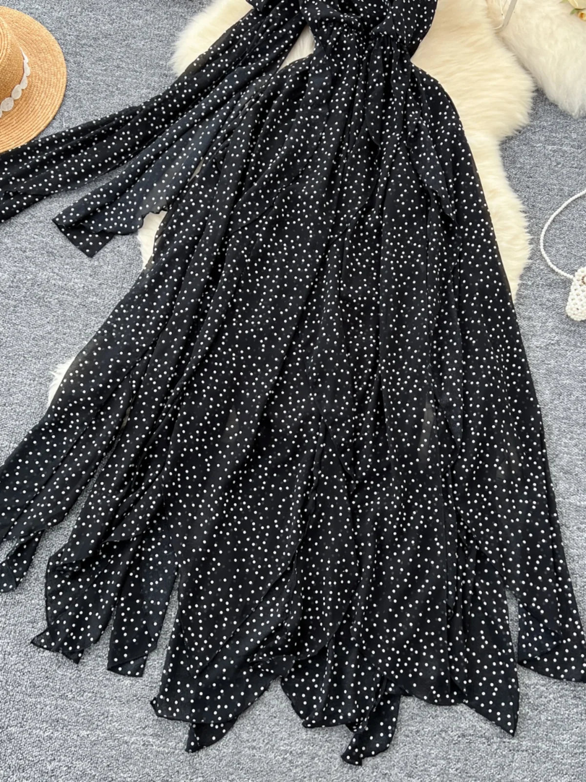 Black Dot Sexy Club V-neck Long Dress Women Slim Sleeveless Backless Irregular Vest Dresses 2024 Summer Ladies New Vestidos Chic