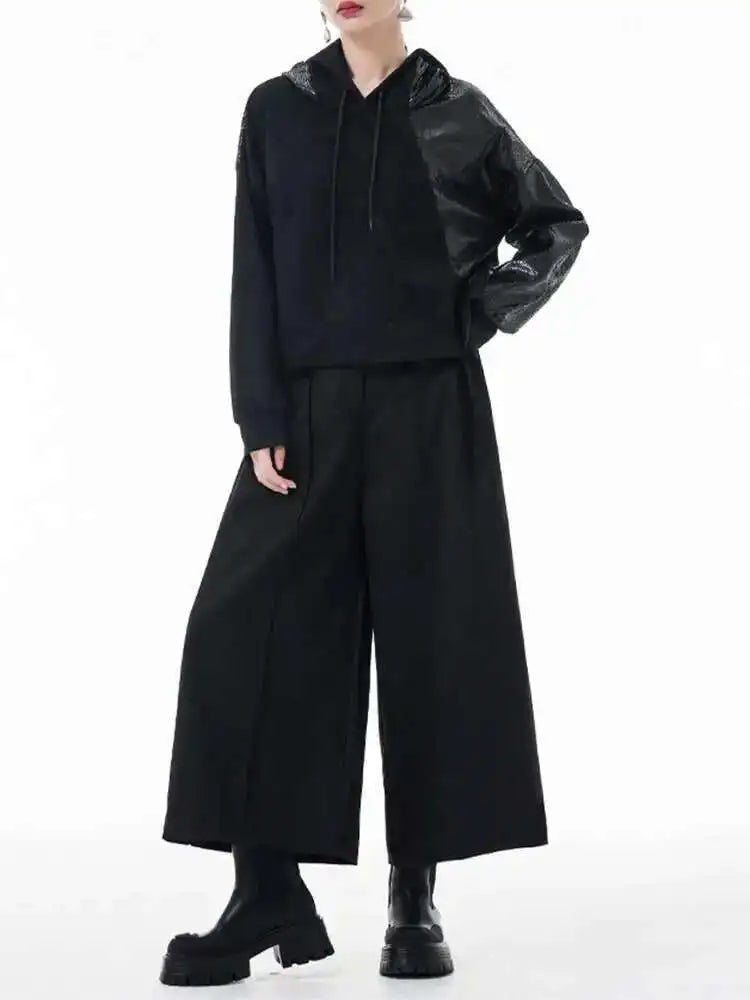 Black Spliced Casual Cool Sweatshirt New Hooded Long Sleeve Women Big Size Fashion Tide Spring Autumn 2025 1DH3873