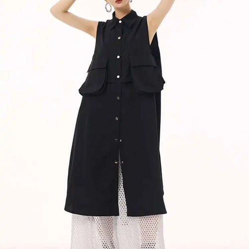 Load image into Gallery viewer, Women Black Shaped Pockets Big Size Midi Shirt Vest Dress New Lapel Sleeveless Fashion Tide Spring Autumn 2025 1DH9471
