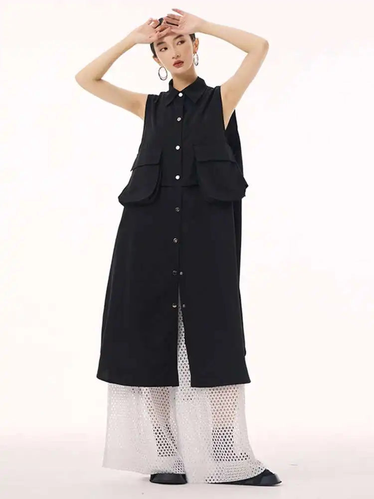 Women Black Shaped Pockets Big Size Midi Shirt Vest Dress New Lapel Sleeveless Fashion Tide Spring Autumn 2025 1DH9471