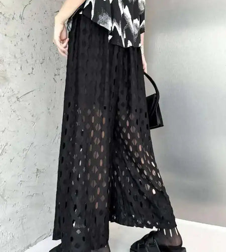 High Elastic Waist Black Hollow Out Casual Long Wide Leg Pants New Trousers Women Fashion Tide Spring Autumn 2025 1DH6468