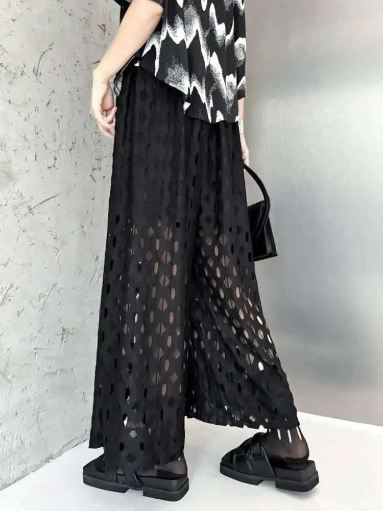 High Elastic Waist Black Hollow Out Casual Long Wide Leg Pants New Trousers Women Fashion Tide Spring Autumn 2025 1DH6468