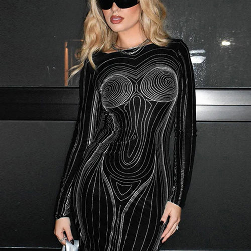 Load image into Gallery viewer, Striped Print Long Sleeve See Through Sexy Bodycon Maxi Dress 2023 Winter Women Y2K Evening Party Festival Clothes
