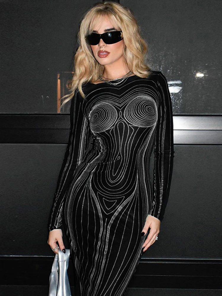 Striped Print Long Sleeve See Through Sexy Bodycon Maxi Dress 2023 Winter Women Y2K Evening Party Festival Clothes