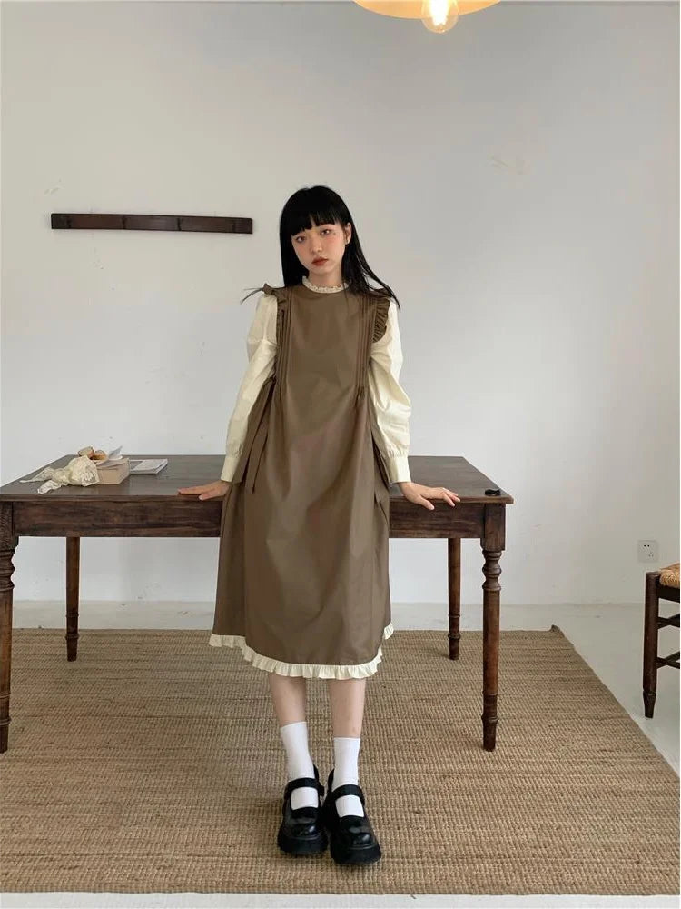 Preppy Style Kawaii Ruffles Dress Women Japanese Sweet Design School Student Long Sleeve Dresses Autumn