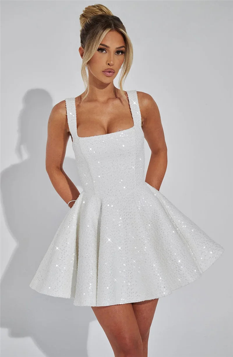 Sequins Bow Backless Sexy Mini Dress For Women Robe Fashion Square Collar Sleeveless High Waist A-line Club Dress
