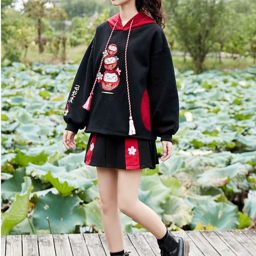 Load image into Gallery viewer, Black Fleece Hooded Sweatshirt Harajuku Chinese Embroidery Oversize Pullover Hoodies Women Winter Sweet Style Female Top
