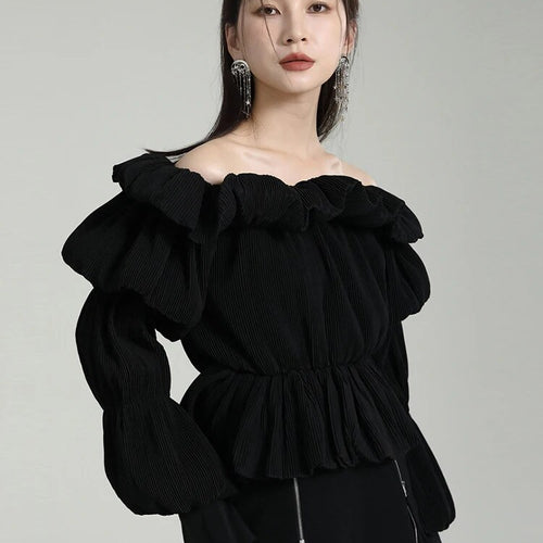 Load image into Gallery viewer, Patchwork Folds Shirts For Women Slash Neck Lantern Sleeve Tunic Loose Chic Solid Casual Blouse Female Fashion
