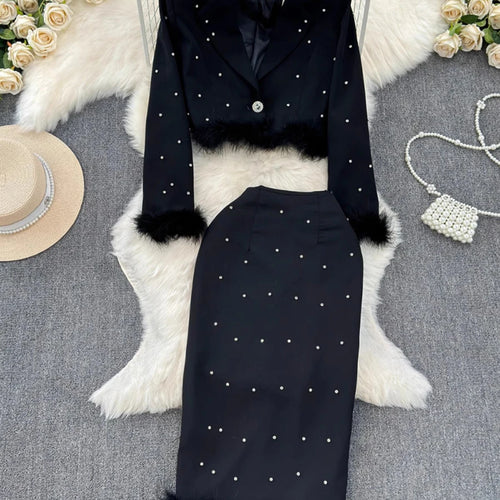 Load image into Gallery viewer, Spliced Feathers Two Piece Set For Women Notched Collar Long Sleeve Top High Waist Skirt Chic Sets Female Fashion
